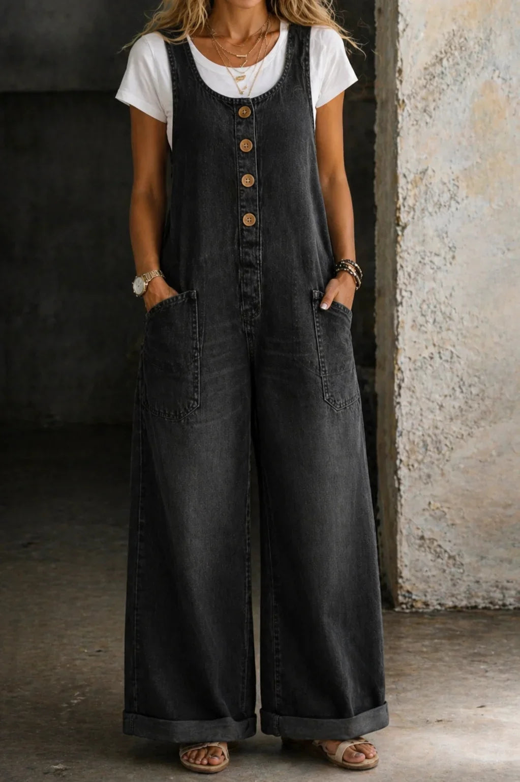 Women's denim sleeveless overalls with button-front and womens wide leg pants – Black