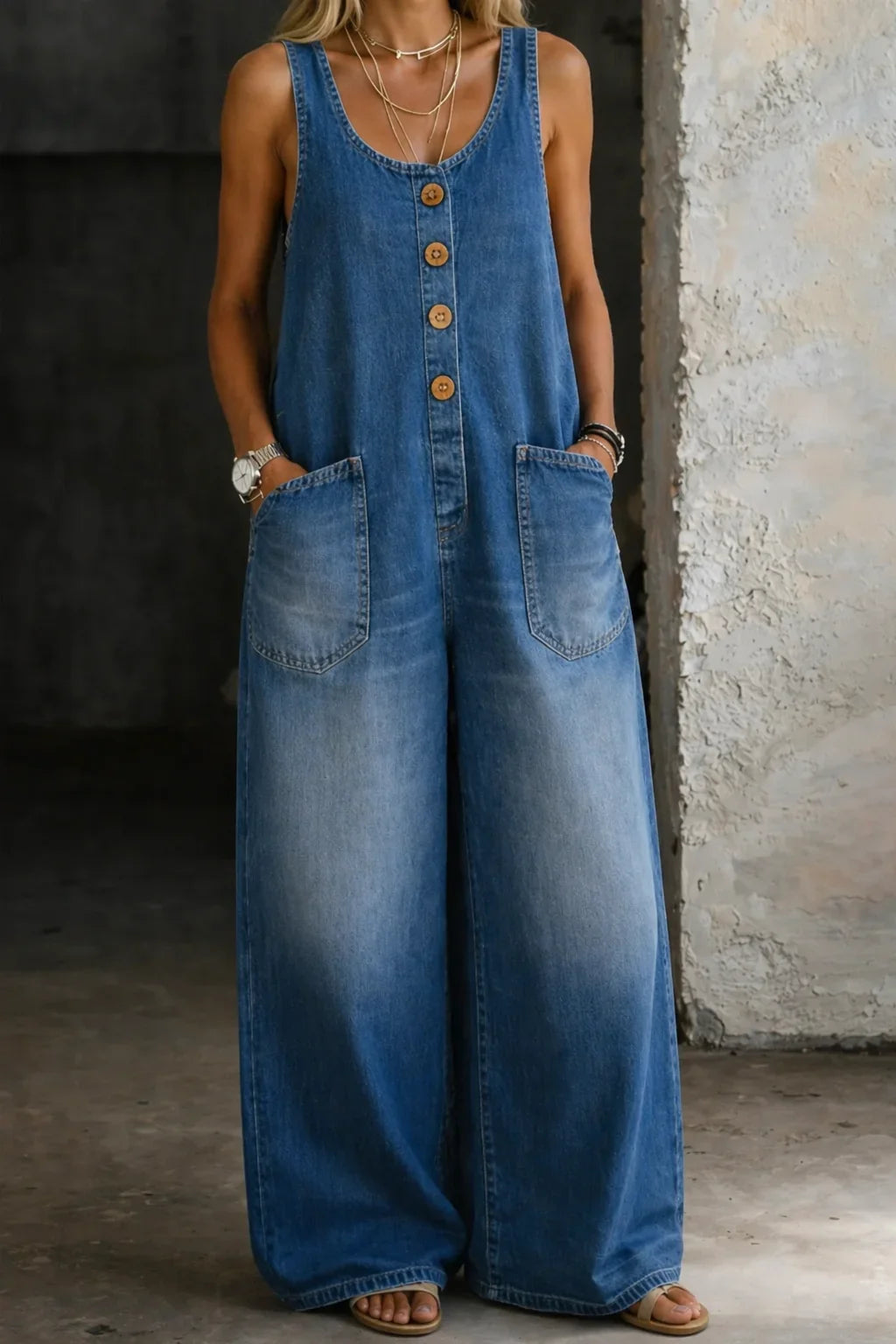 Women's denim sleeveless overalls with button-front and womens wide leg pants – Blue