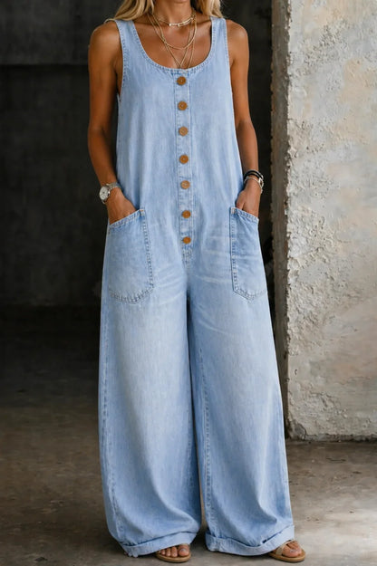 Women's denim sleeveless overalls with button-front and womens wide leg pants – Light Blue