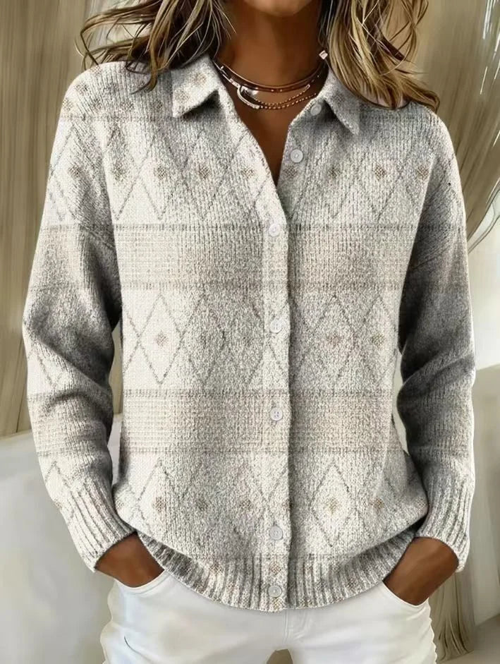 Women's diamond-knit blouse with collared long-sleeve button-front – Light Grey