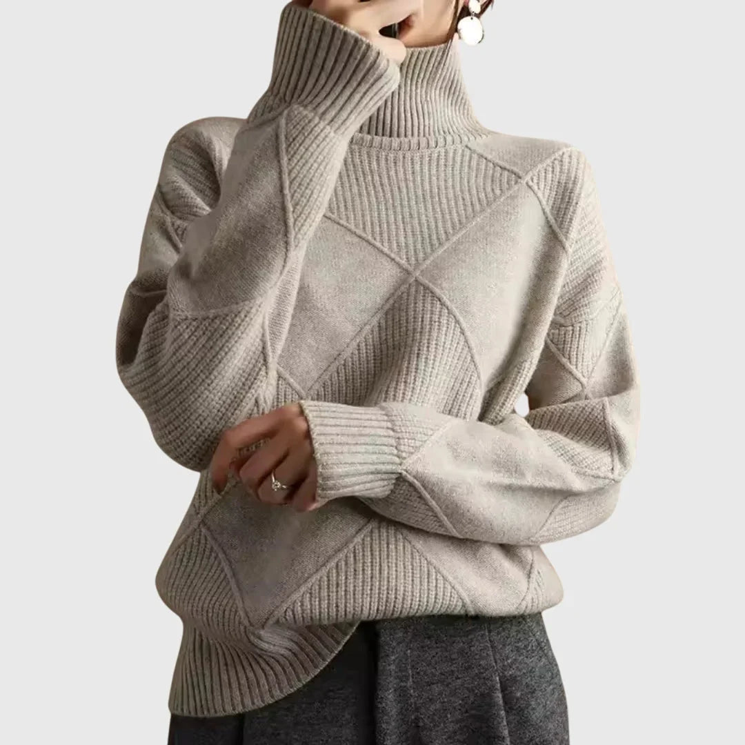 Women's diamond-pattern knit sweater with turtleneck and ribbed cuffs – Grey