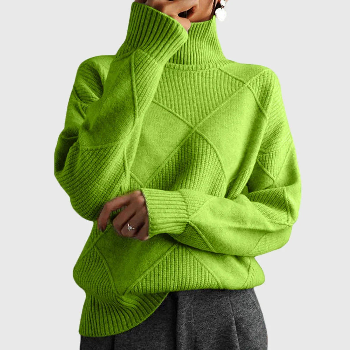 Women's diamond-pattern knit sweater with turtleneck and ribbed cuffs – Green