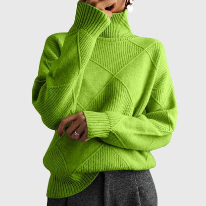 Women's diamond-pattern knit sweater with turtleneck and ribbed cuffs – Green