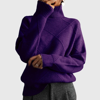 Women's diamond-pattern knit sweater with turtleneck and ribbed cuffs – Purple
