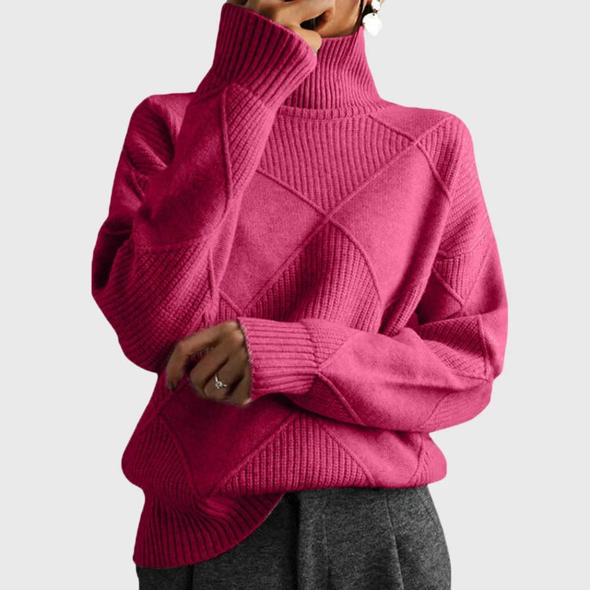 Women's diamond-pattern knit sweater with turtleneck and ribbed cuffs – Rose