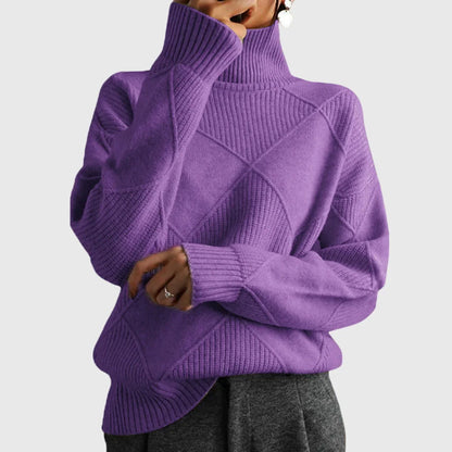 Women's diamond-pattern knit sweater with turtleneck and ribbed cuffs – Violet