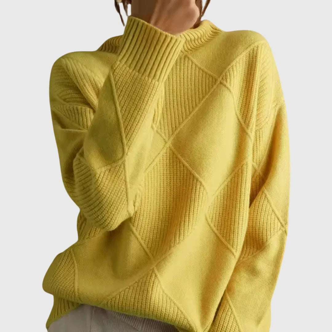 Women's diamond-pattern knit sweater with turtleneck and ribbed cuffs – Yellow