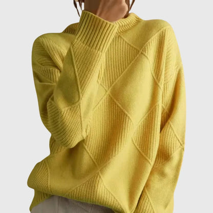 Women's diamond-pattern knit sweater with turtleneck and ribbed cuffs – Yellow