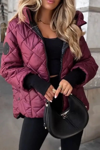 Women's diamond quilted hooded zip-up puffer jacket – Wine Red