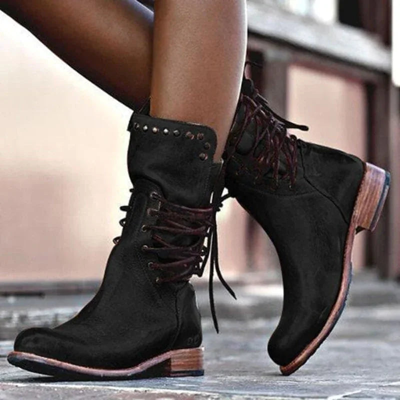 Women's distressed faux leather lace-up boots with studded cuff detail – Black