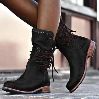 Women's distressed faux leather lace-up boots with studded cuff detail – Black