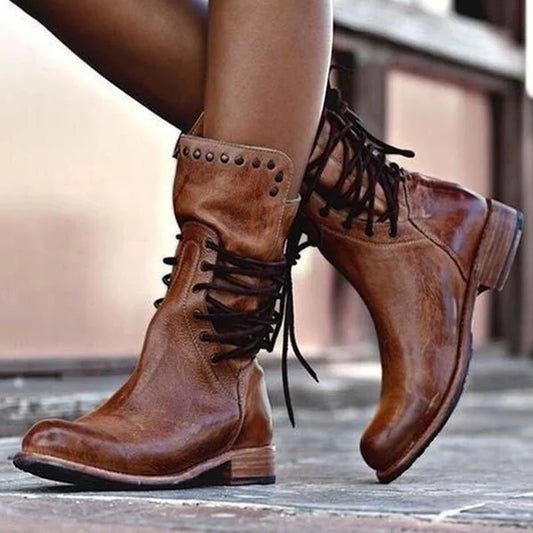 Women's distressed faux leather lace-up boots with studded cuff detail – Brown