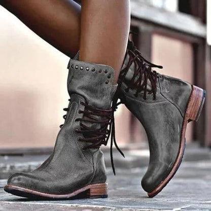 Women's distressed faux leather lace-up boots with studded cuff detail – Grey