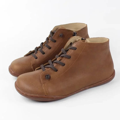Women's distressed leather ankle boots with side zipper and lace-up front – Brown