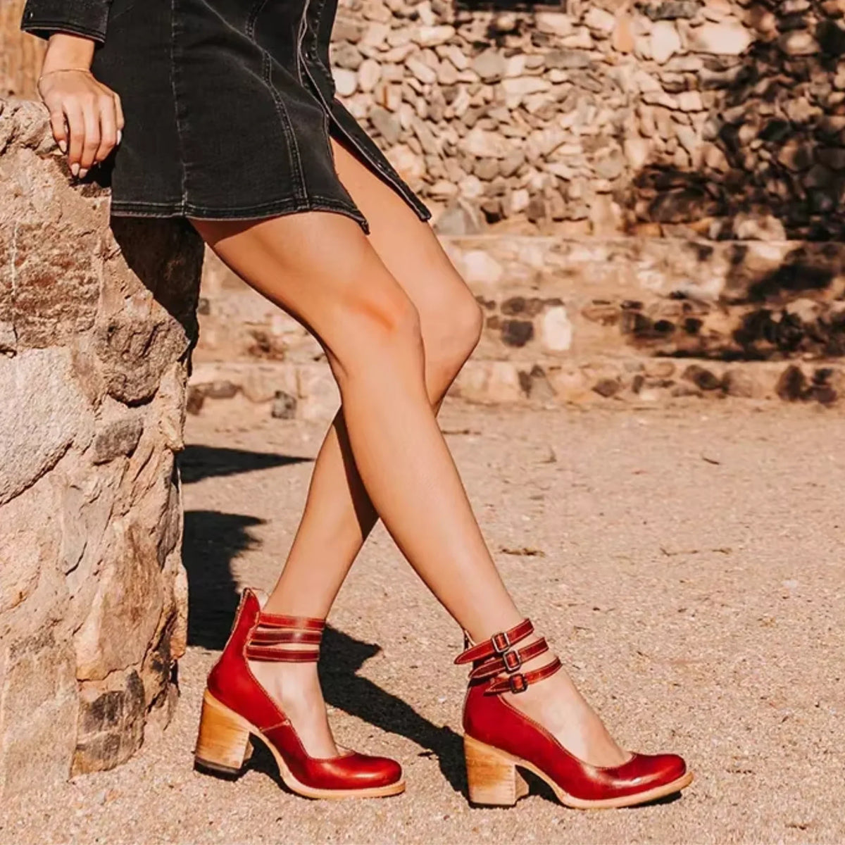 Women's distressed leather block heel sandals with cut-out and triple buckled ankle straps