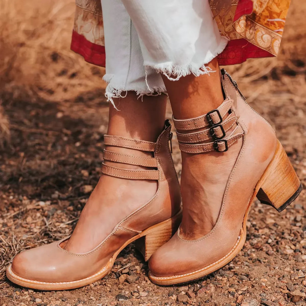 Women's distressed leather block heel sandals with cut-out and triple buckled ankle straps – Beige (Sold Out)