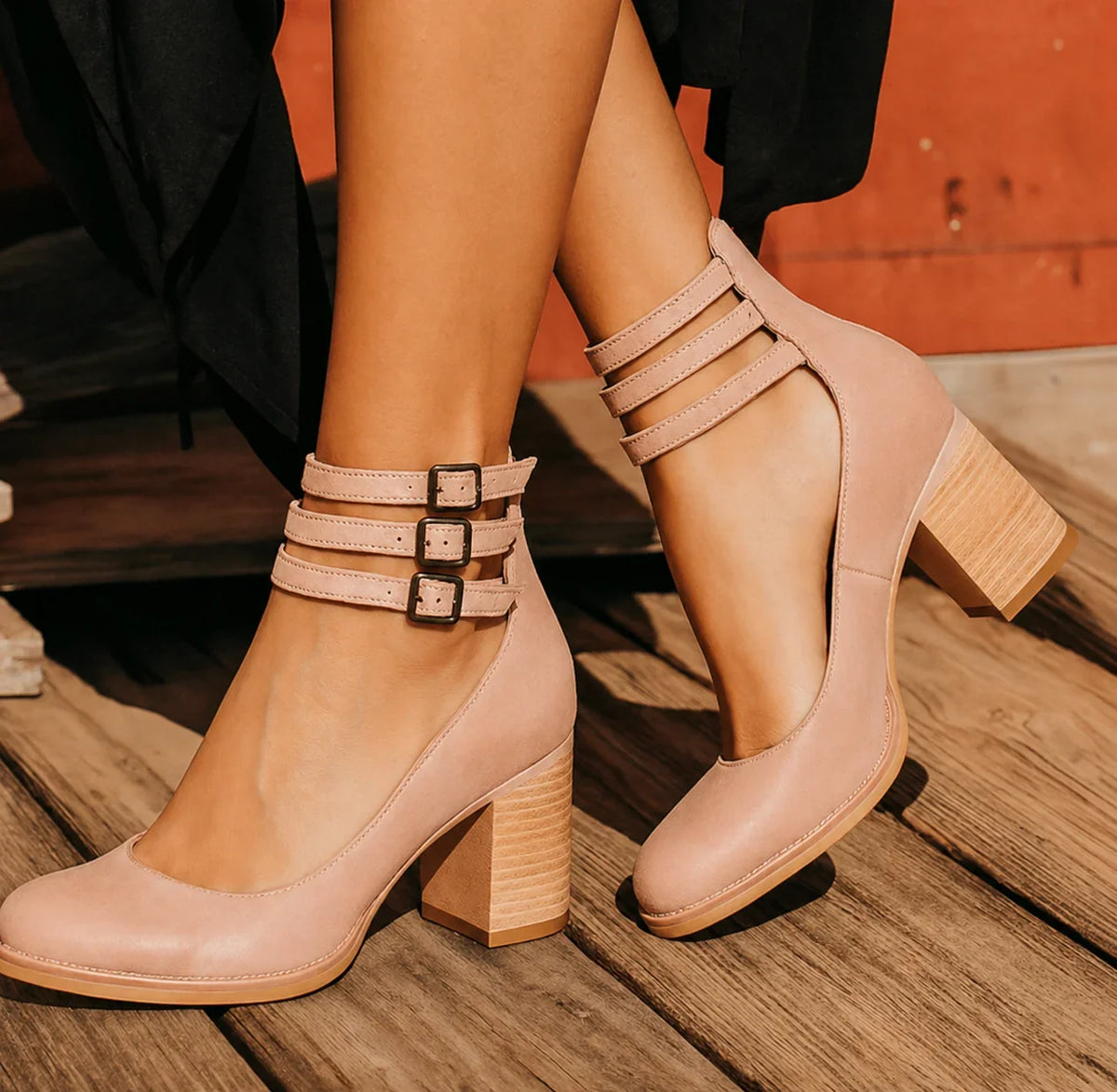 Women's distressed leather block heel sandals with cut-out and triple buckled ankle straps – Beige Suede