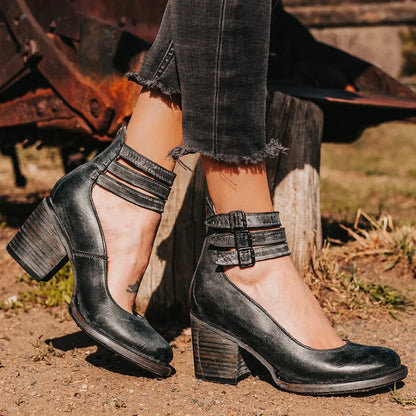 Women's distressed leather block heel sandals with cut-out and triple buckled ankle straps – Black