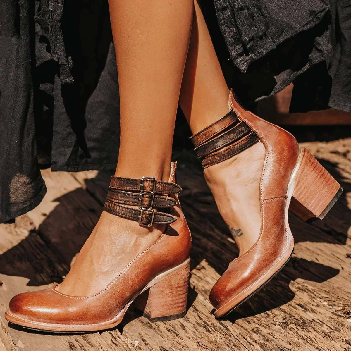 Women's distressed leather block heel sandals with cut-out and triple buckled ankle straps – Dark brown (Almost Sold Out)