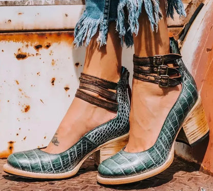 Women's distressed leather block heel sandals with cut-out and triple buckled ankle straps – Green snake (Sold Out)