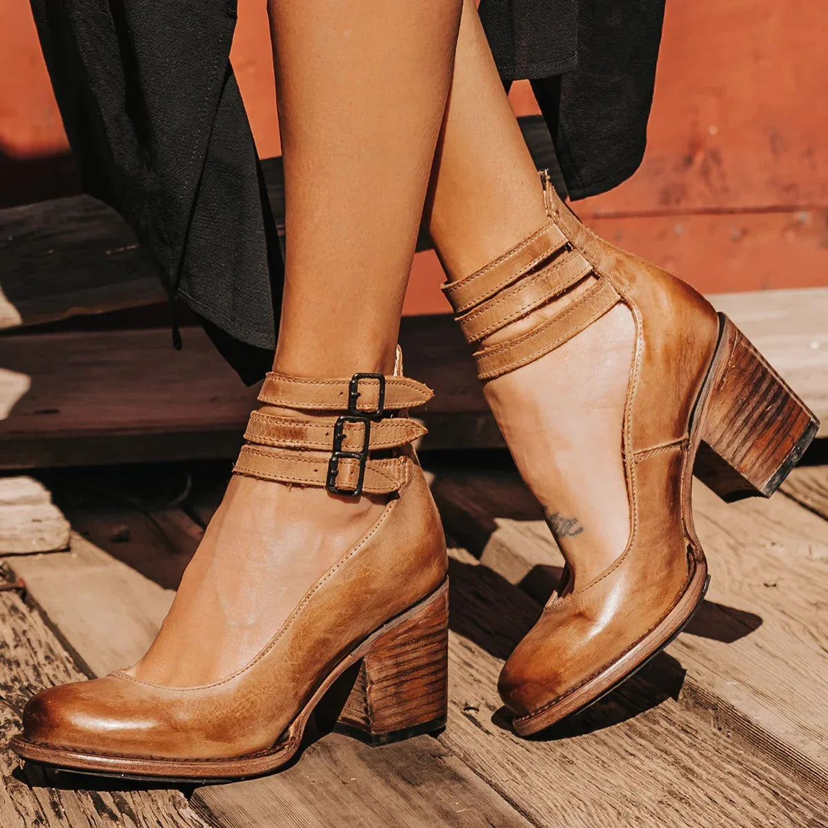 Women's distressed leather block heel sandals with cut-out and triple buckled ankle straps – Light brown (Sold Out)