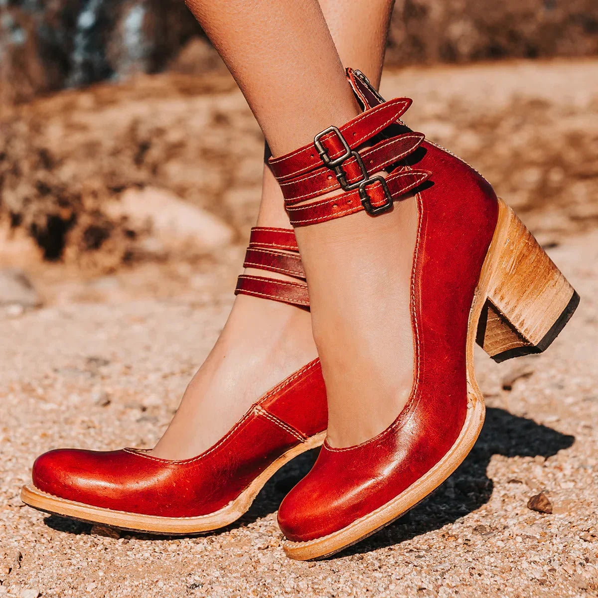 Women's distressed leather block heel sandals with cut-out and triple buckled ankle straps – Red (Almost Sold Out)