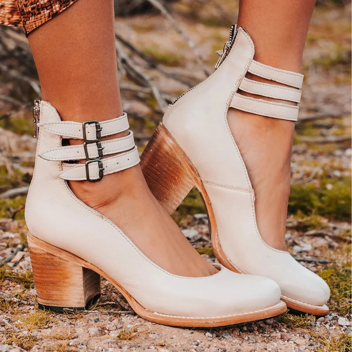 Women's distressed leather block heel sandals with cut-out and triple buckled ankle straps – White