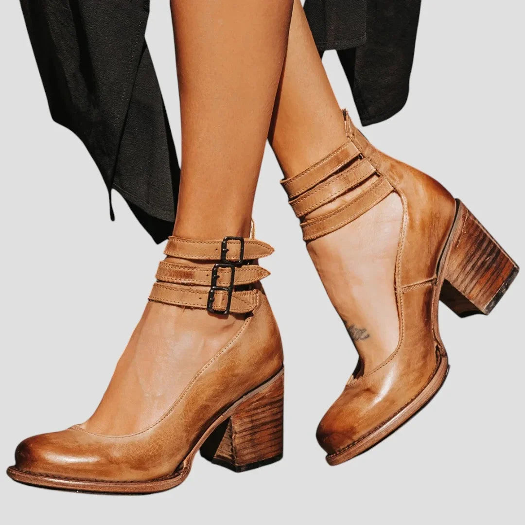Women's distressed leather cut-out boots with triple-buckle ankle straps – Brown