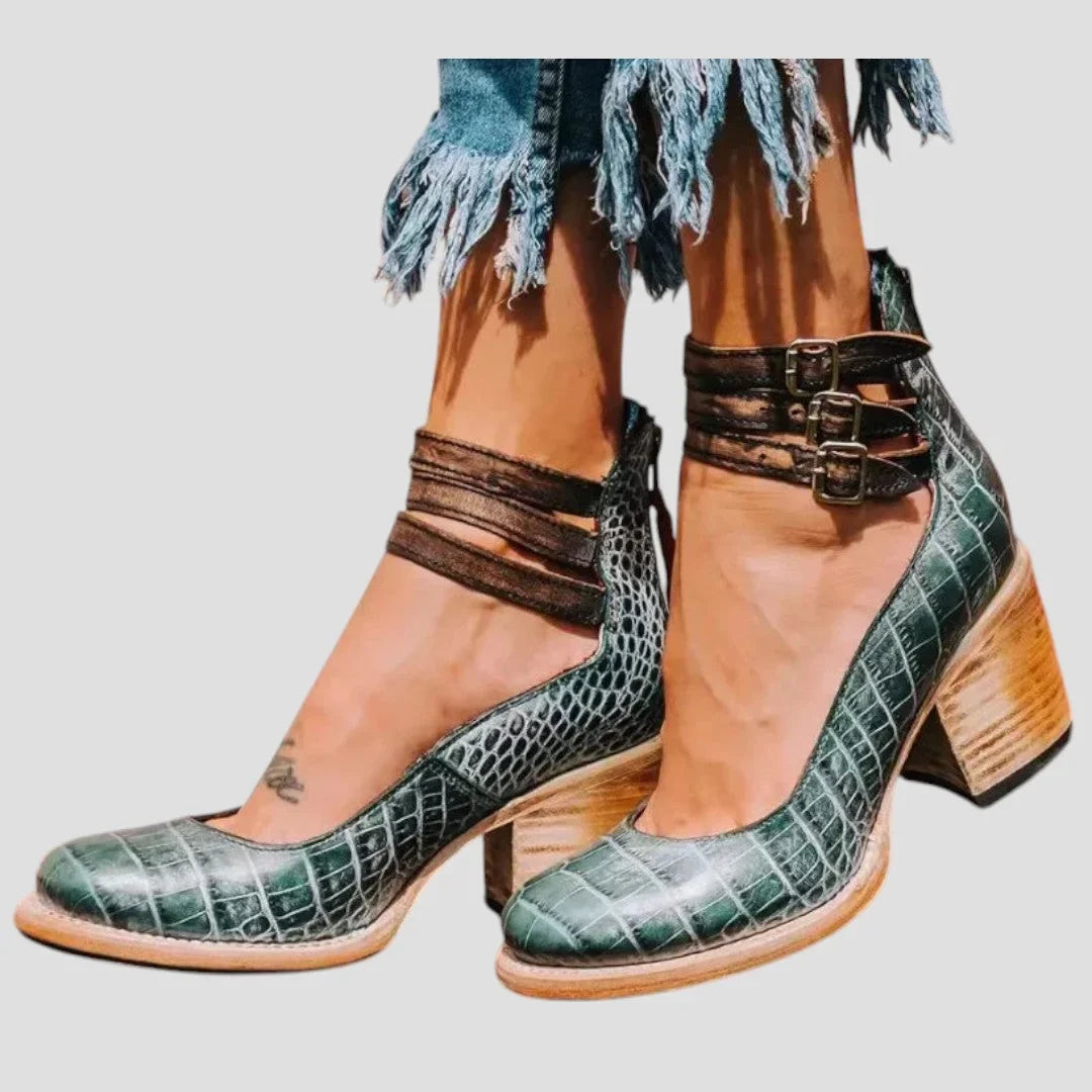 Women's distressed leather cut-out boots with triple-buckle ankle straps – Green Snake