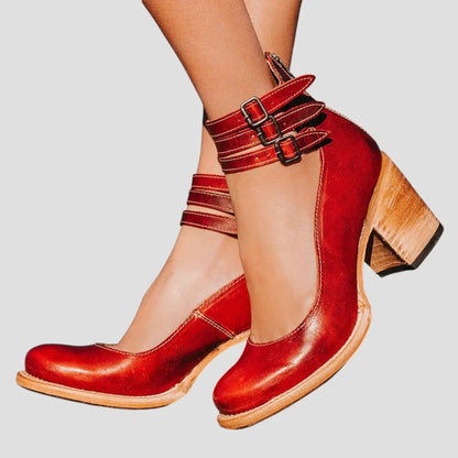 Women's distressed leather cut-out boots with triple-buckle ankle straps – Red