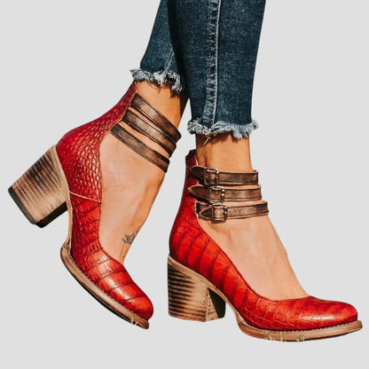 Women's distressed leather cut-out boots with triple-buckle ankle straps – Red Snake