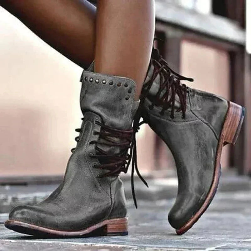 Women's distressed leather lace-up boots with studded cuff – Grey