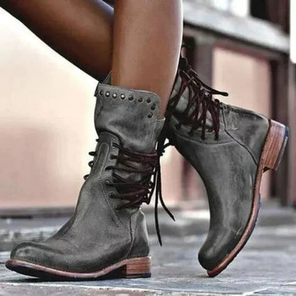 Women's distressed leather lace-up boots with studded cuff – Grey