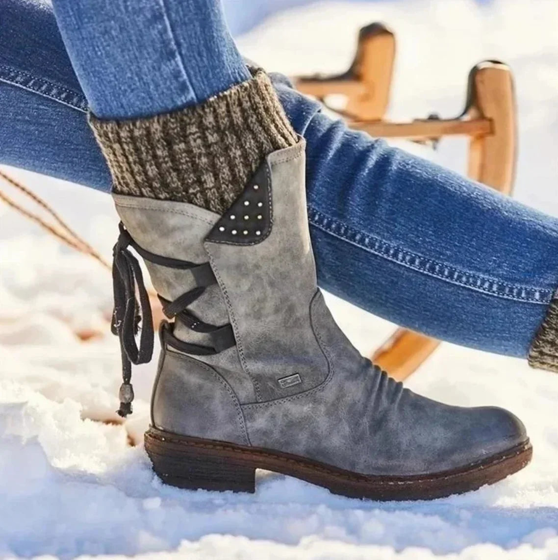 Women's distressed mid-calf boots with side zipper and studded lace-up back