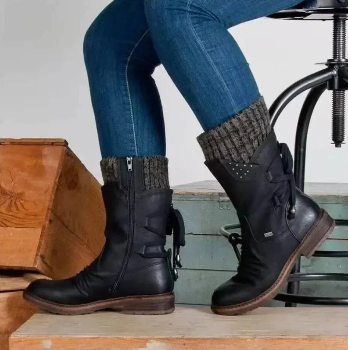 Women's distressed mid-calf boots with side zipper and studded lace-up back – Black