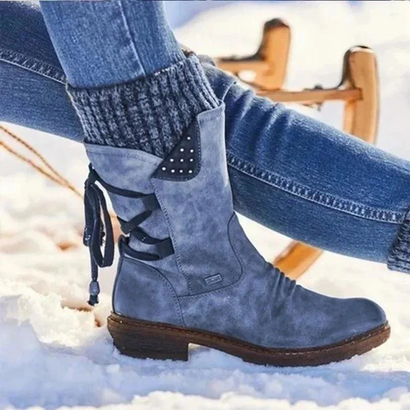 Women's distressed mid-calf boots with side zipper and studded lace-up back – Blue
