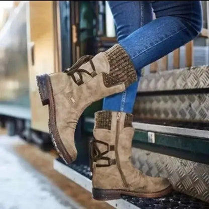 Women's distressed mid-calf boots with side zipper and studded lace-up back