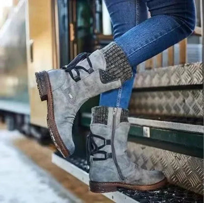 Women's distressed mid-calf boots with side zipper and studded lace-up back – Grey