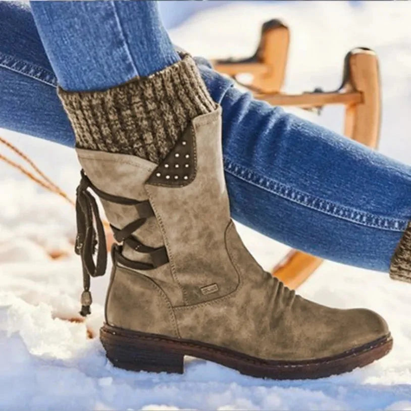 Women's distressed mid-calf boots with side zipper and studded lace-up back – Khaki