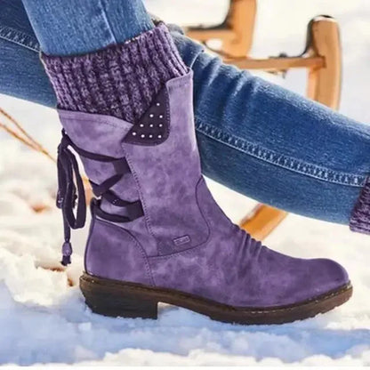 Women's distressed mid-calf boots with side zipper and studded lace-up back – Purple