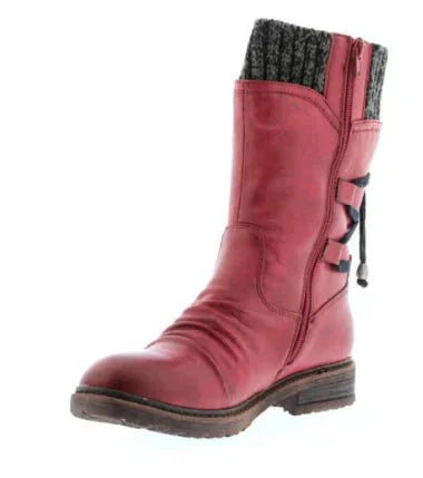Women's distressed mid-calf boots with side zipper and studded lace-up back – Red
