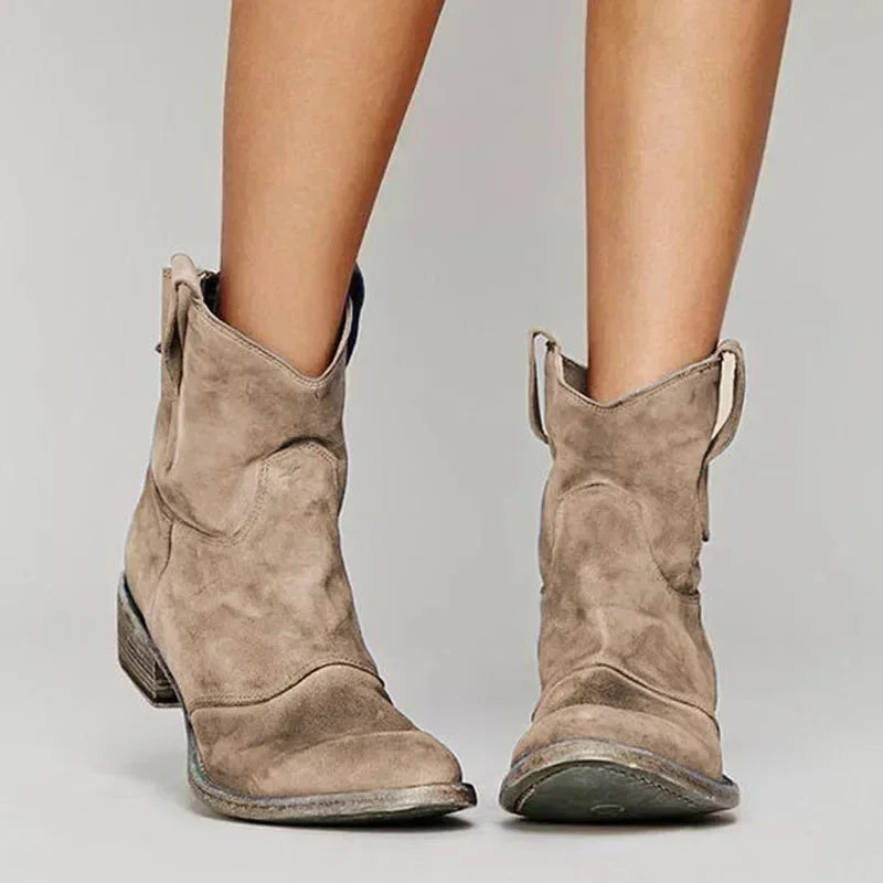 Women's distressed suede fringed western cowboy boots with pull-on style