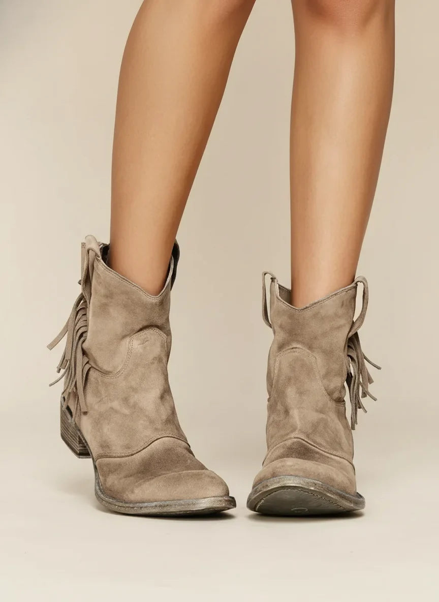 Women's distressed suede fringed western cowboy boots with pull-on style