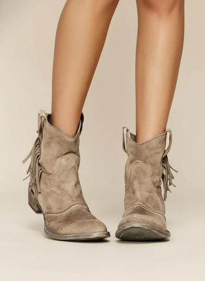 Women's distressed suede fringed western cowboy boots with pull-on style