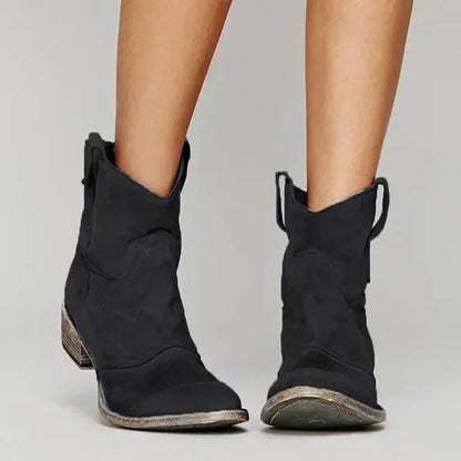 Women's distressed suede fringed western cowboy boots with pull-on style – Black