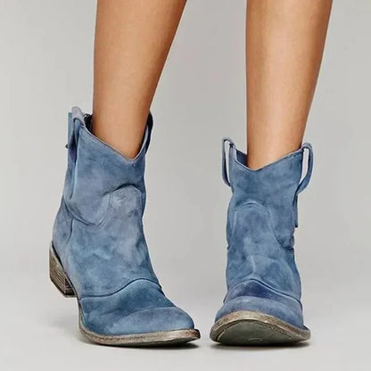 Women's distressed suede fringed western cowboy boots with pull-on style – Blue