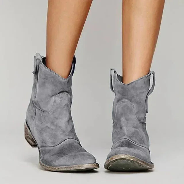 Women's distressed suede fringed western cowboy boots with pull-on style – Grey