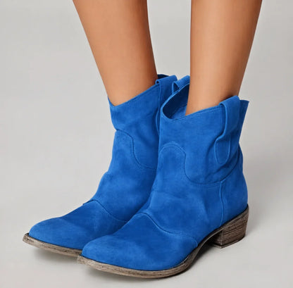 Women's distressed western-style suede ankle boots with low block heel – Blue