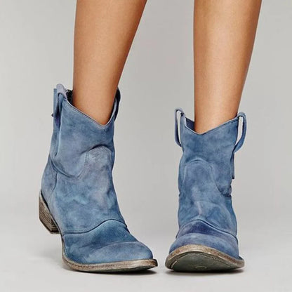 Women's distressed western-style suede ankle boots with low block heel – Light Blue