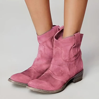 Women's distressed western-style suede ankle boots with low block heel – Pink
